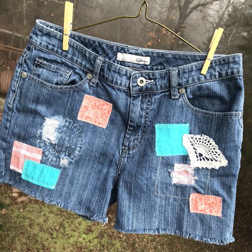 Upcycled Patchwork Cutoff Shorts, Bleached Distre… - image 9